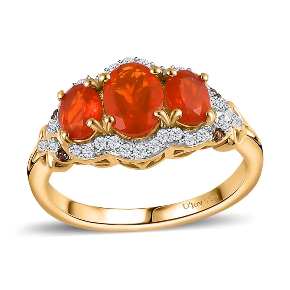 Gold-Plated Ring with Three Orange Oval Stones and Pavé Accents